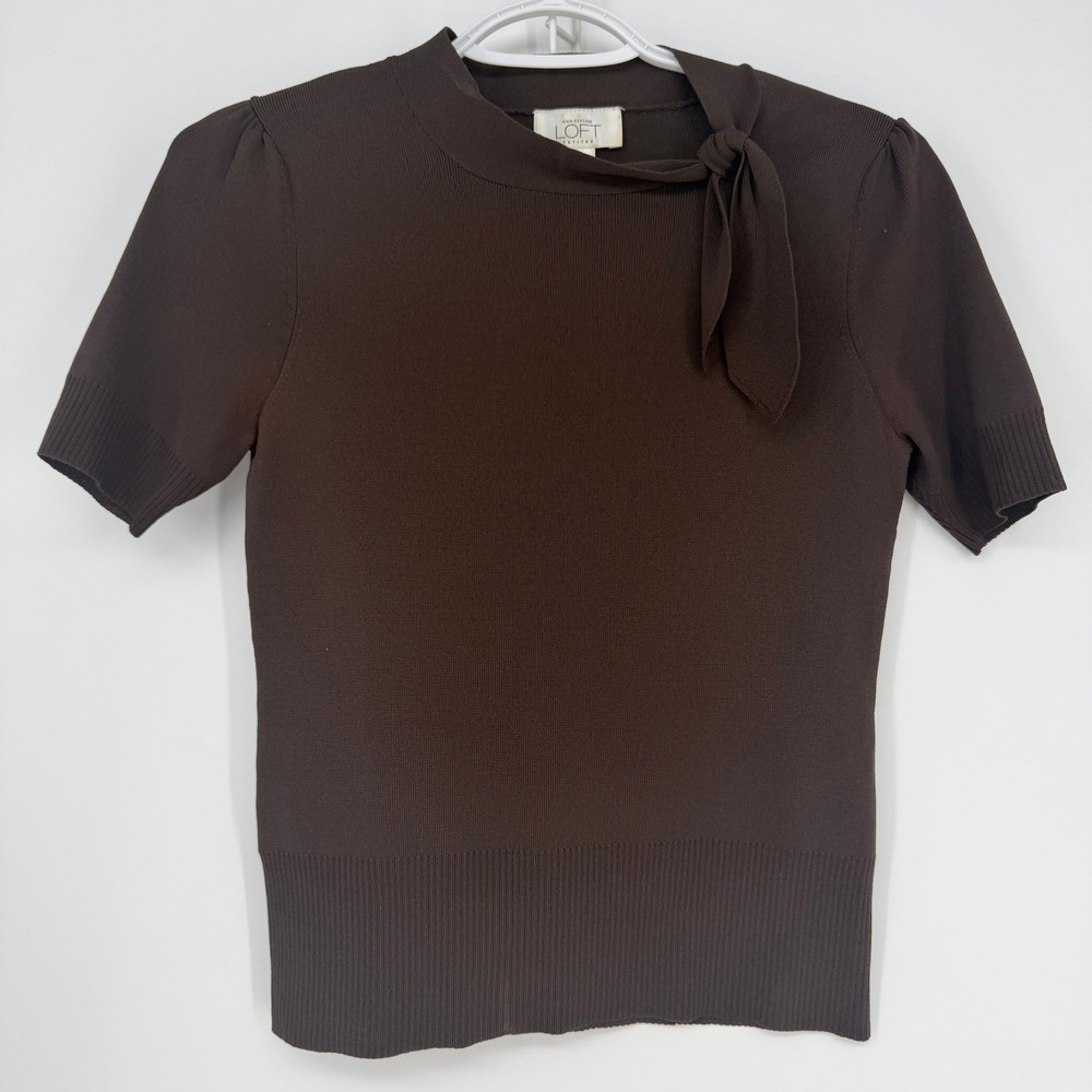 Ann Taylor Loft Knit Top Womens Small P Brown Side Tie Bow Short Sleeve Office